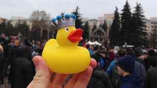 Антикоррупционные протесты в Челябинске, символом которых стала утка — аллюзия к домику для утки на пруду на даче Дмитрия Медведева, март 2017 года.
